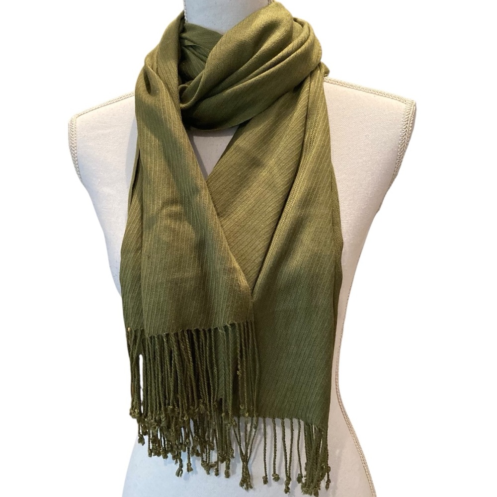 Echo Green Ribbed Scarf With Fringe Lightweight & Soft Wrap Shawl